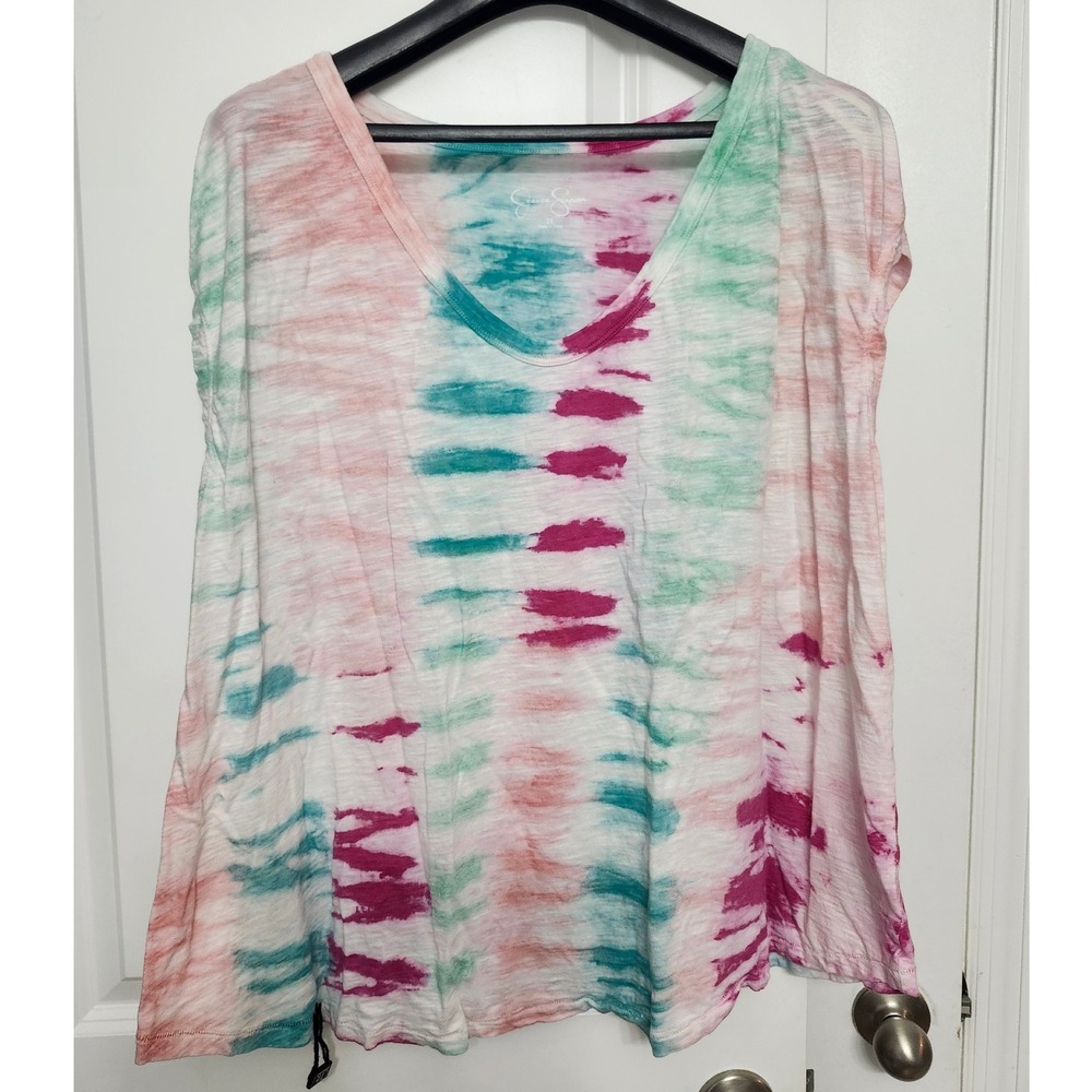 Jessica Simpson Tie Dye V Neck T‎ Shirt Top Women's 2X Pink Teal White - Picture 2 of 5